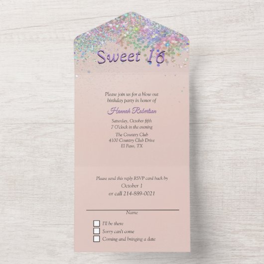 Blush en Confetti Sweet 16 All-in-One uitnodiging (Binnen)