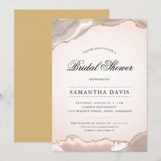 Blush en Gold Agate Elegant Vrijgezellenfeest Kaart (Voorkant / Achterkant)