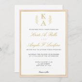 Blush en Gold Border Monogram Huwelijksuitnodiging Kaart (Voorkant / Achterkant)