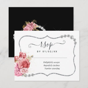Blush en Gold en Silver Floral Diamond Wedding RSVP Kaartje