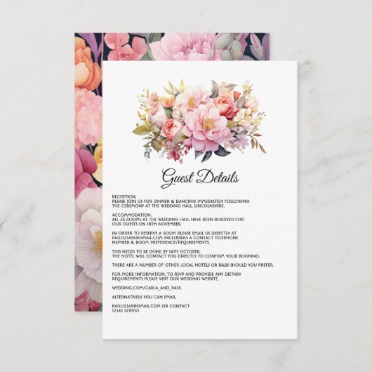Blush en Goud Bloemen Bruiloft Gast Details Informatiekaartje (Voorkant / Achterkant)