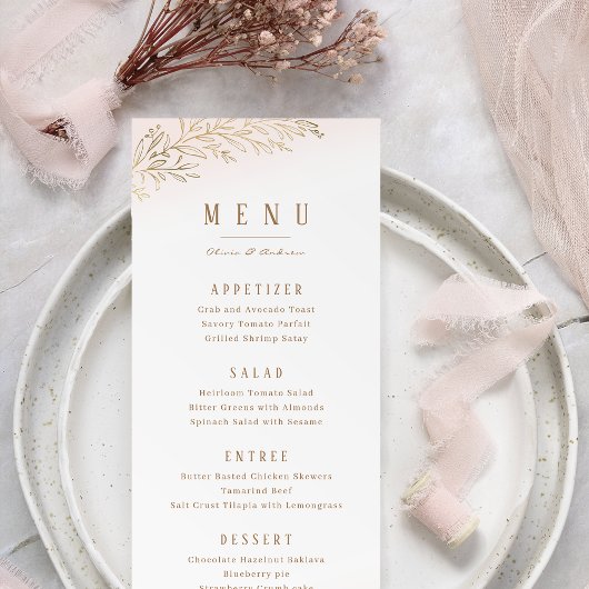Blush en goud verguld botanische elegante bruiloft menu