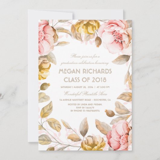Blush en Gouden Bloemen Waterverf Boho Afstuderen Kaart (Voorkant)