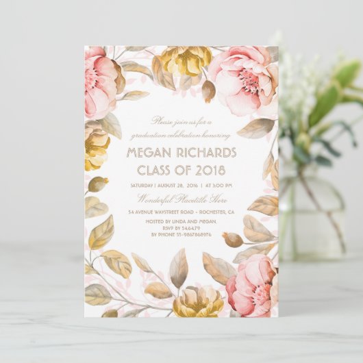 Blush en Gouden Bloemen Waterverf Boho Afstuderen Kaart (Staand voorkant)