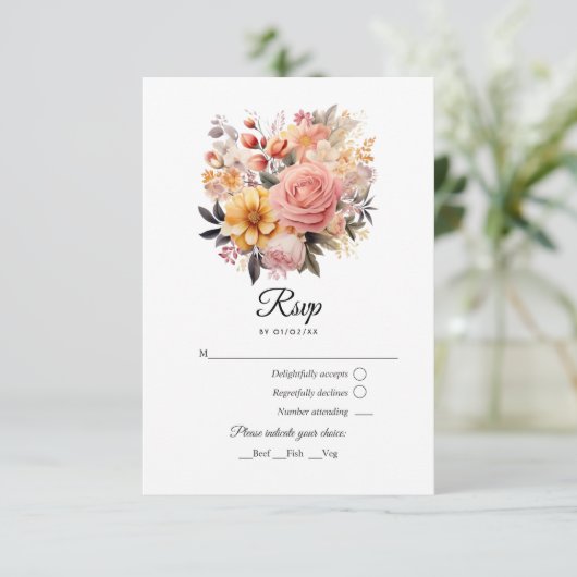 Blush en gouden bloemenbruiloft RSVP kaartje (Staand voorkant)