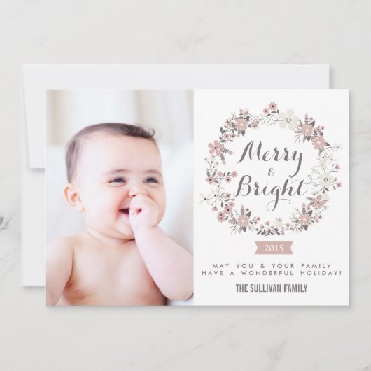 Blush en grijze kerstfeestdag fotokaart feestdagenkaart (Voorkant)