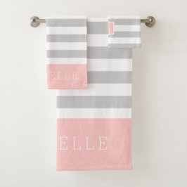Blush en Grijze Strepen Monogram | Bewerkbare kleu Bad Handdoek