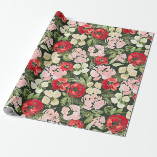 Blush en groene kerstWaterverf Flowers Donker Cadeaupapier