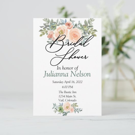 Blush en groene waterverf florale uitnodiging (Staand voorkant)