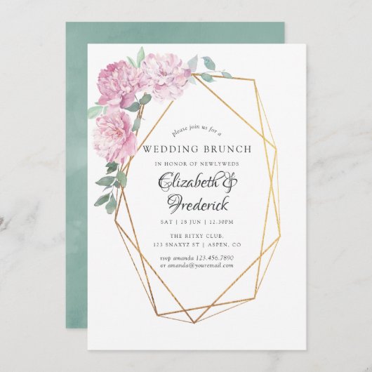 Blush en Mint Bloemen Geometrische Bruiloft Brunch Kaart (Voorkant / Achterkant)