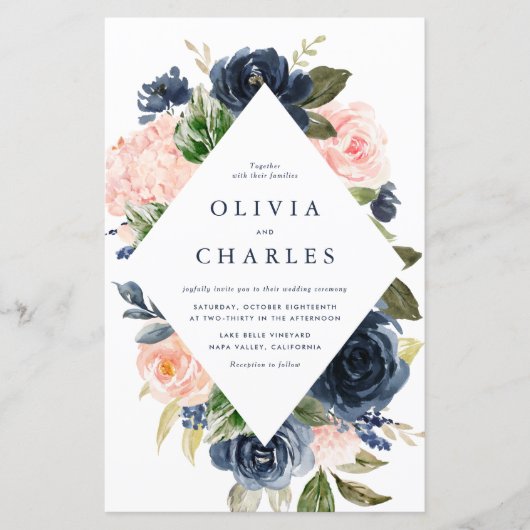 Blush en Navy Bloemen QR Code Huwelijksuitnodiging (Voorkant)