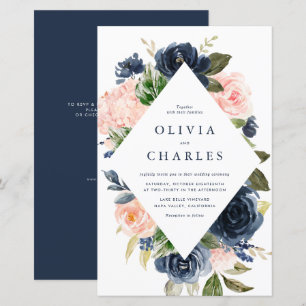 Blush en Navy Bloemen QR Code Huwelijksuitnodiging