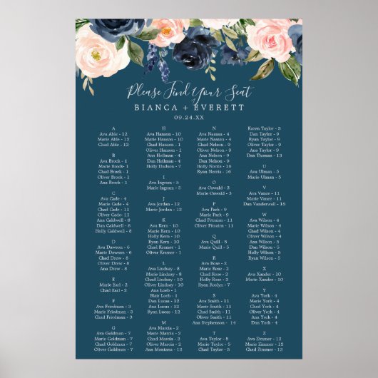 Blush- en Navy Blue Alfabetical Seating Chart Poster (Voorkant)