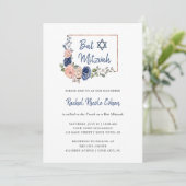 Blush en Navy Blue Floral Geometric | Bat Mitzvah Kaart (Staand voorkant)