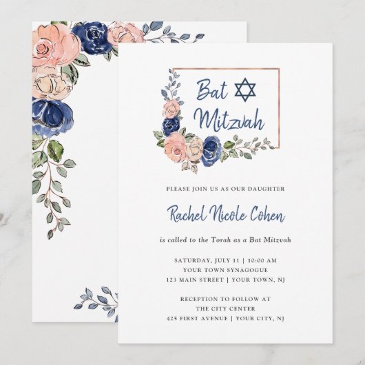 Blush en Navy Blue Floral Geometric | Bat Mitzvah Kaart (Voorkant / Achterkant)