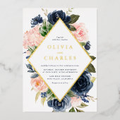 Blush en Navy Blue Floral Lijst QR Code Wedding Folie Uitnodiging (Voorkant)