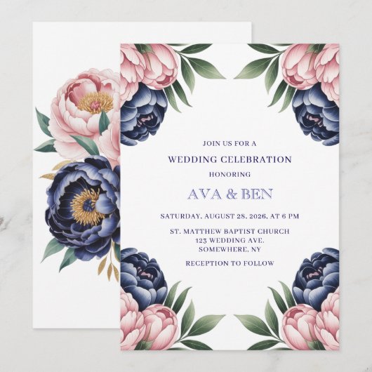 Blush en Navy Blue Peony bruiloft Kaart (Voorkant / Achterkant)