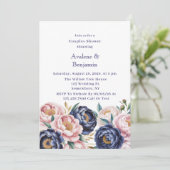 Blush en Navy Blue Peony Couples Douche Kaart (Staand voorkant)