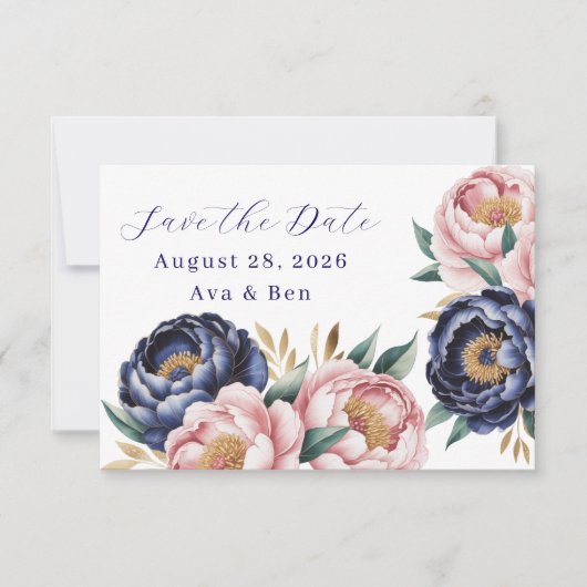 Blush en Navy Blue Peony Wedding Save the Date (Voorkant)