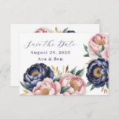 Blush en Navy Blue Peony Wedding Save the Date (Voorkant / Achterkant)