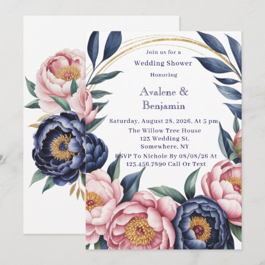 Blush en Navy Blue Wedding Shower Kaart (Voorkant / Achterkant)