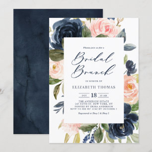 Blush en Navy Floral Lijst Herfst Bridal Brunch Kaart