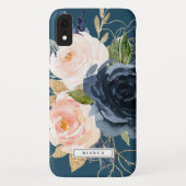 Blush en Navy Flowers | Blauwe persoonlijke naam Case-Mate iPhone Hoesje (Achterkant)