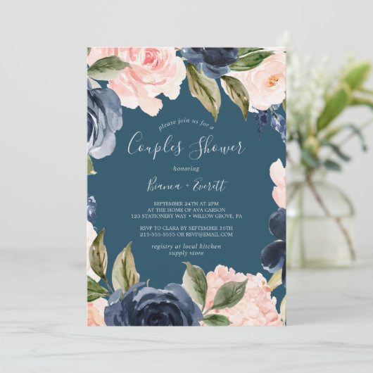 Blush en Navy Flowers | Blauwe stelletster Kaart (Staand voorkant)