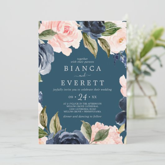 Blush en Navy Flowers | Casual blauwe bruiloft Kaart (Staand voorkant)