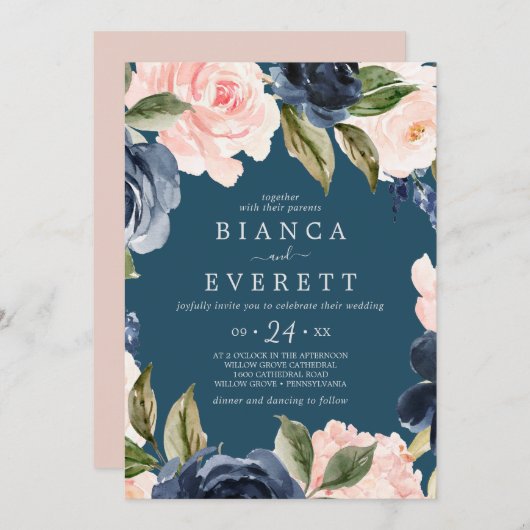 Blush en Navy Flowers | Casual blauwe bruiloft Kaart (Voorkant / Achterkant)