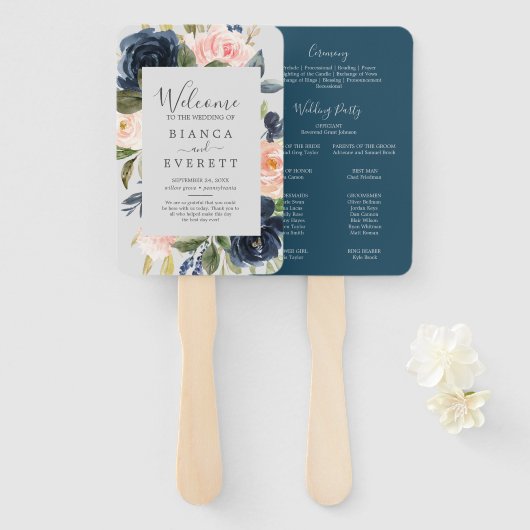 Blush en Navy Flowers | Gray Wedding Programme Fan Handwaaier (Voorkant en achterkant)