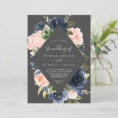 Blush en Navy Flowers | Grijs in één huwelijk Kaart (Staand voorkant)