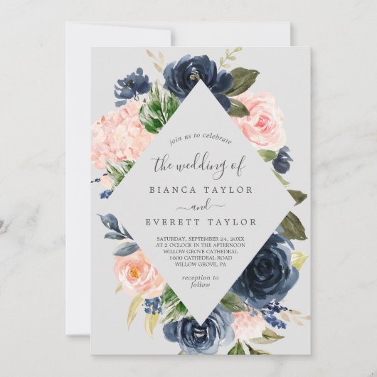Blush en Navy Flowers | Grijs in één huwelijk Kaart (Voorkant)