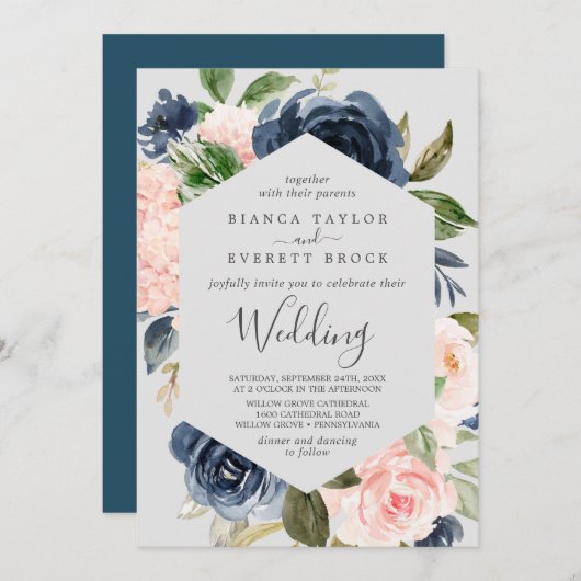 Blush en Navy Flowers | Licht grijs huwelijk Kaart (Voorkant / Achterkant)
