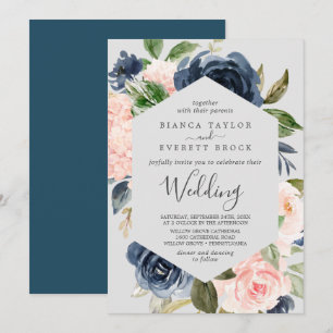 Blush en Navy Flowers Licht grijs huwelijk Kaart