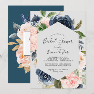 Blush en Navy Flowers Licht grijs Vrijgezellenfe Kaart