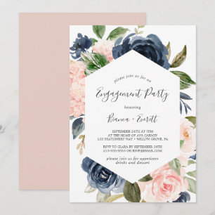 Blush en Navy Flowers White Engagement Party Kaart