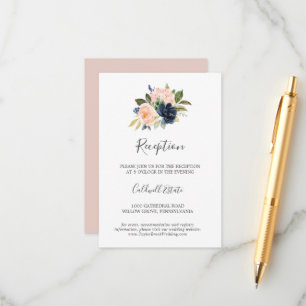 Blush en Navy Flowers White Reception Kaart invoeg