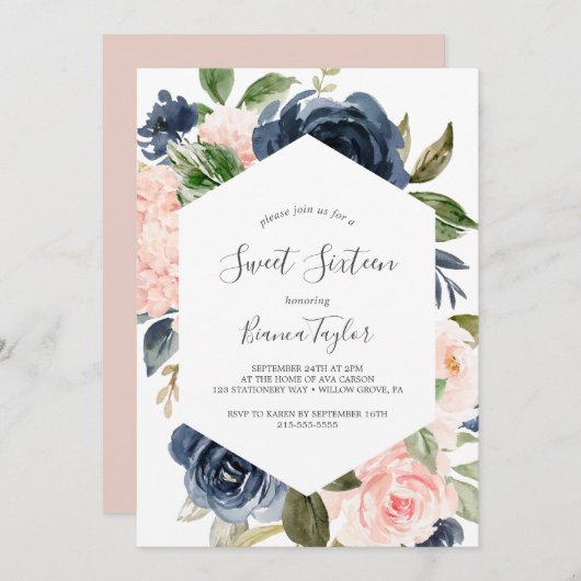 Blush en Navy Flowers | Witte zoete zestien Kaart (Voorkant / Achterkant)