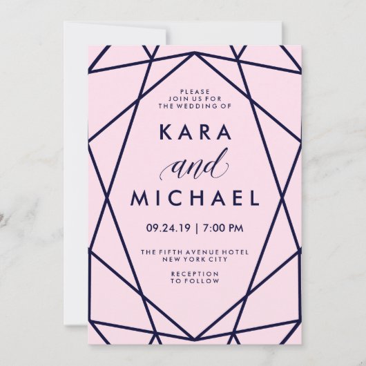 Blush en Navy | Modern Geometric Wedding Kaart (Voorkant)