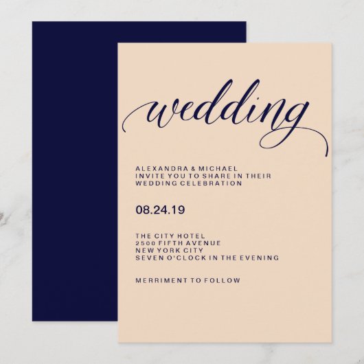 Blush en Navy Typografie Bruiloft Kaart (Voorkant / Achterkant)
