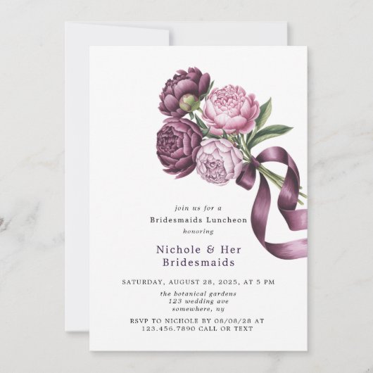 Blush en Plum Peony Bloemen Bruidsmeisjes Luncheon Kaart (Voorkant)