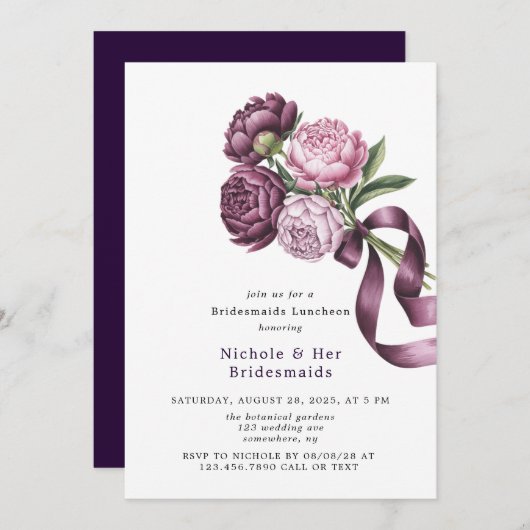 Blush en Plum Peony Bloemen Bruidsmeisjes Luncheon Kaart (Voorkant / Achterkant)
