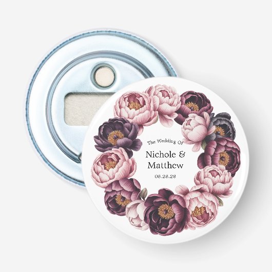 Blush en Plum Peony Krans Wedding Favoriet Button Flesopener (Voorkant)