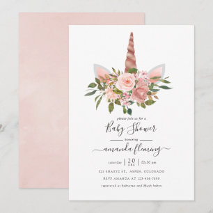 Blush en Roos Gold Floral Unicorn Baby shower Kaart