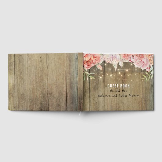 Blush en Roze Bloemen Rustieke String Lights Hout Gastenboek (Volledig)