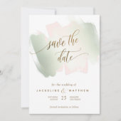Blush- en Sage-penseelstreken, minimale bruiloft Save The Date (Voorkant)