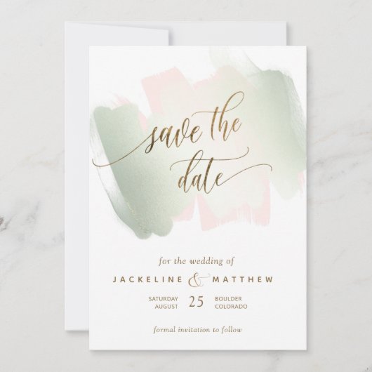 Blush- en Sage-penseelstreken, minimale bruiloft Save The Date (Voorkant)