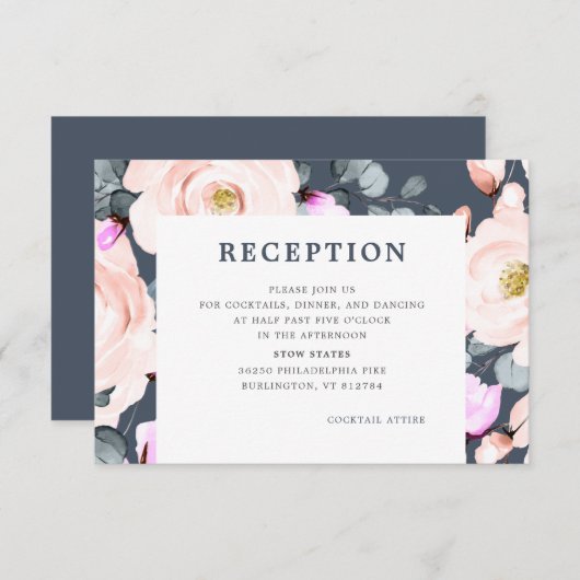 Blush en Smoky Navy Waterverf Bloemenontvangst Informatiekaartje (Voorkant / Achterkant)