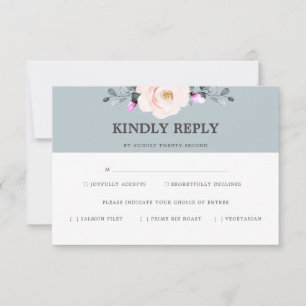 Blush en stoffige blauwe bloemen RSVP maaltijd met Kaartje